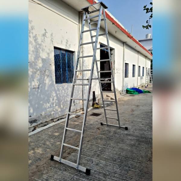 ATypeLadder8ft.jpg An 8ft Aluminium ladder placed outside a building, ready to assist